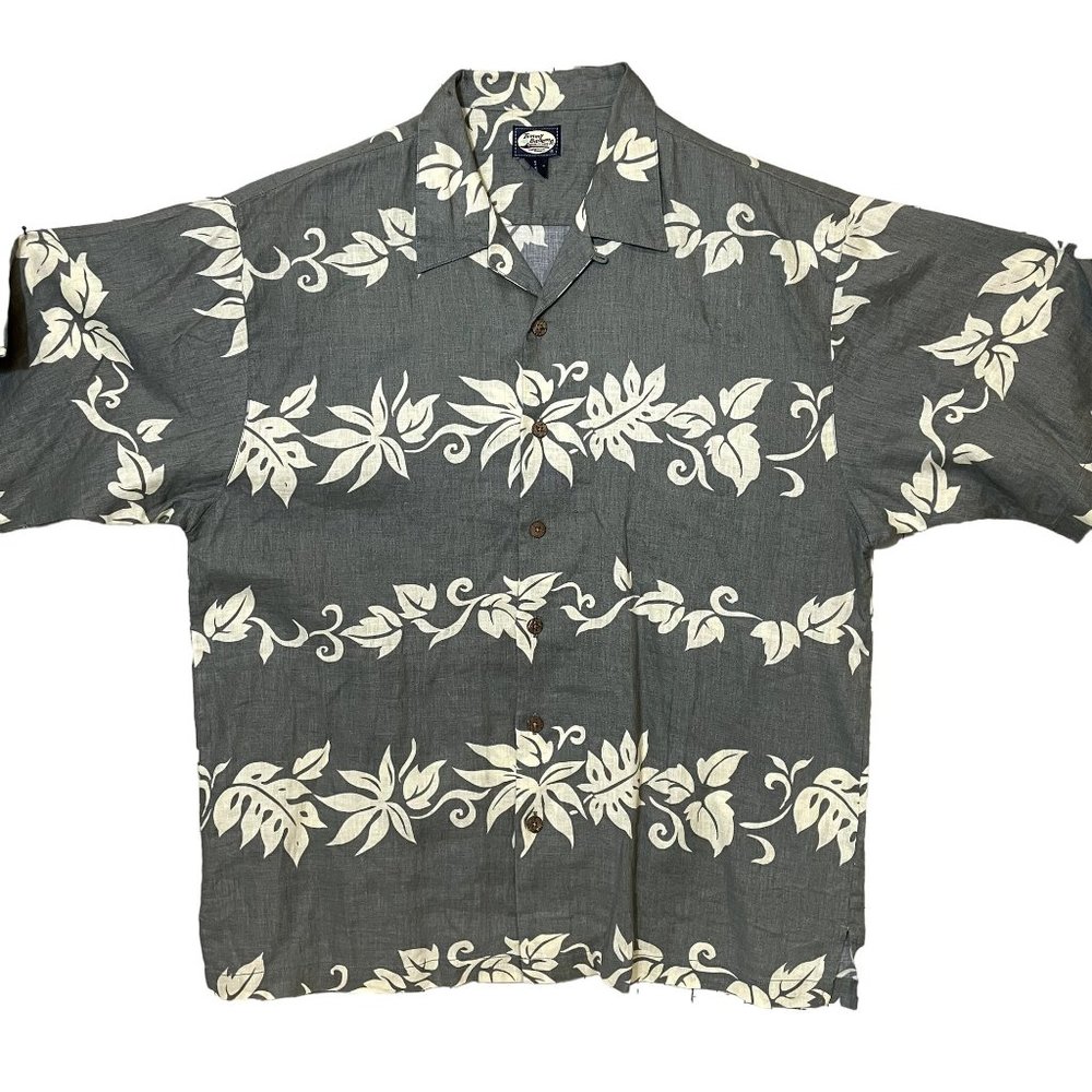 Tommy Bahama Green and Cream Linen Floral Men's Short Sleeve Hawaiian Shirt XL